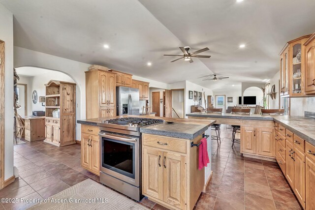 1210 County Road 103, Craig, CO 81625 - kitchen featuring stainless steel appliances, dark countertops, arched walkways, lofted ceiling, and a ceiling fan