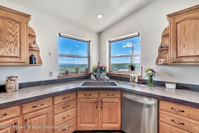 1210 County Road 103, Craig, CO 81625 - kitchen featuring stainless steel dishwasher, open shelves, a sink, dark countertops, and lofted ceiling