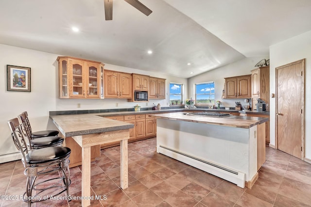 1210 County Road 103, Craig, CO 81625 - kitchen with black microwave, a baseboard heating unit, glass insert cabinets, lofted ceiling, and a kitchen breakfast bar