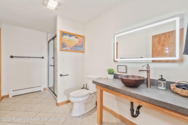 1210 County Road 103, Craig, CO 81625 - full bath with a baseboard radiator, a sink, a shower stall, toilet, and tile patterned flooring