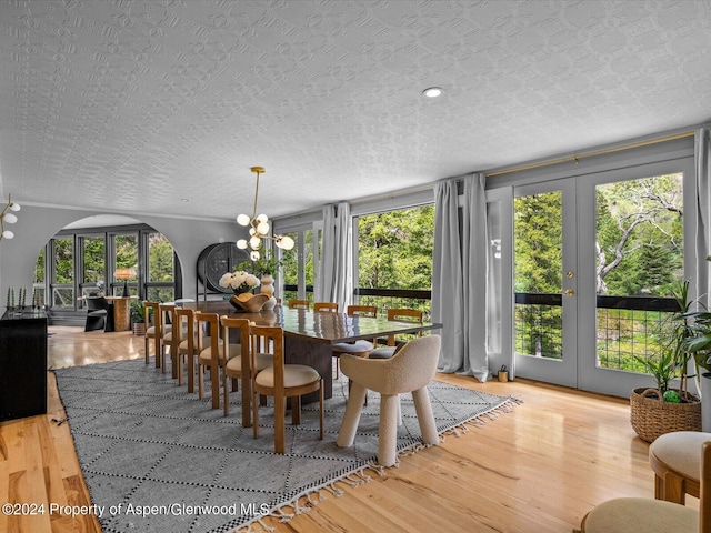 dining space with french doors, a wealth of natural light, and hardwood / wood-style floors