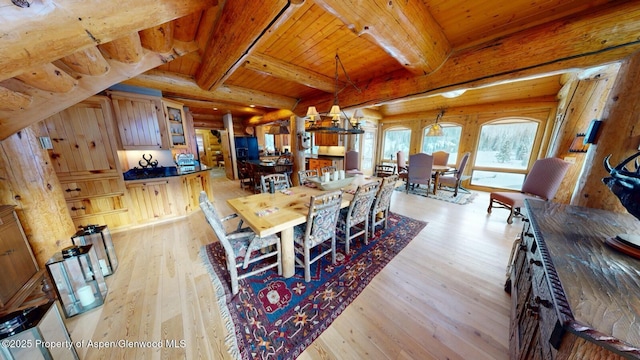 2418 Usfs Rd Unit 526, Creede, CO 81130 - dining room with hardwood / wood-style flooring, rustic walls, beam ceiling, wooden ceiling, and a chandelier