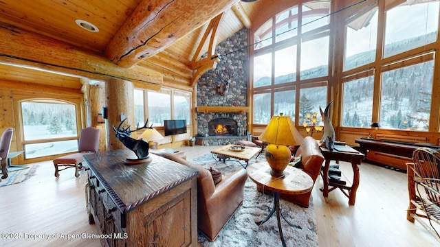 2418 Usfs Rd Unit 526, Creede, CO 81130 - living room featuring wooden ceiling, plenty of natural light, wood finished floors, high vaulted ceiling, and a stone fireplace