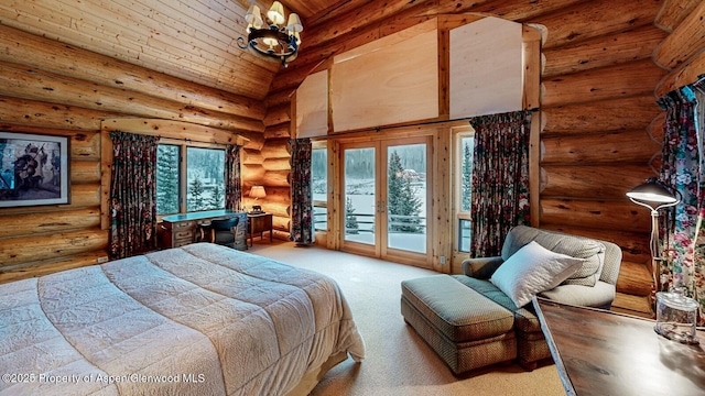 2418 Usfs Rd Unit 526, Creede, CO 81130 - bedroom featuring access to exterior, carpet, rustic walls, a chandelier, and vaulted ceiling