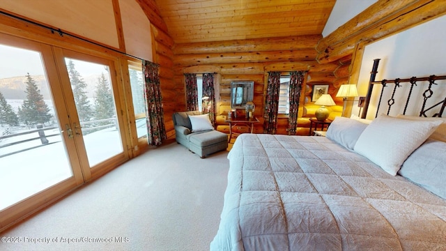 2418 Usfs Rd Unit 526, Creede, CO 81130 - carpeted bedroom with rustic walls, multiple windows, french doors, access to exterior, and wooden ceiling
