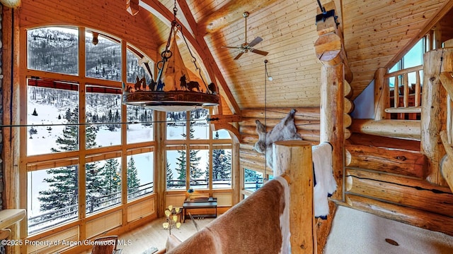 2418 Usfs Rd Unit 526, Creede, CO 81130 - sitting room with high vaulted ceiling, wooden ceiling, rustic walls, ceiling fan, and wood finished floors