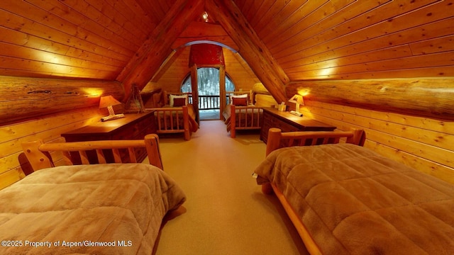 2418 Usfs Rd Unit 526, Creede, CO 81130 - carpeted bedroom with wood ceiling, lofted ceiling, and rustic walls
