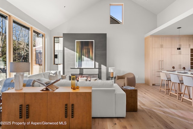 living room with high vaulted ceiling and light hardwood / wood-style floors