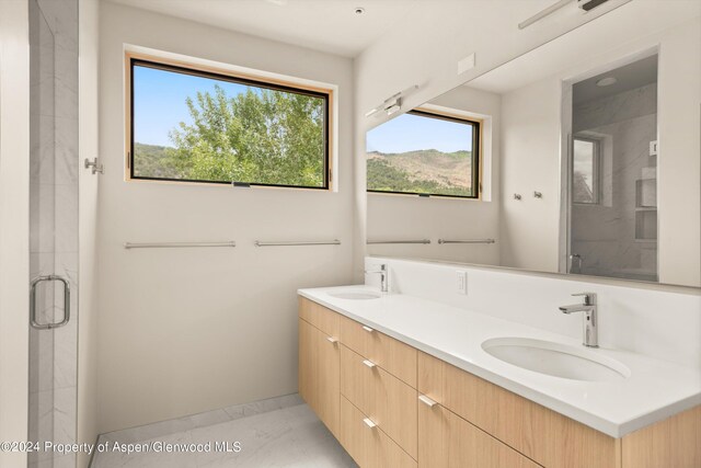 bathroom featuring vanity and a shower with shower door