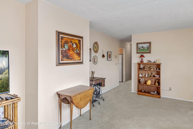 carpeted office featuring a textured ceiling