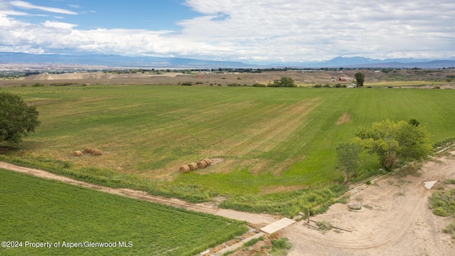 birds eye view of property featuring a mountain view and a rural view