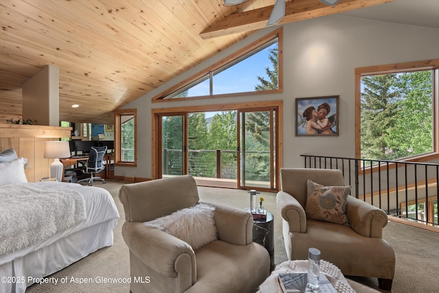 554 Sinclair Rd, Snowmass Village, CO 81615 - bedroom featuring an office area, carpet floors, high vaulted ceiling, and a wood ceiling with exposed beams