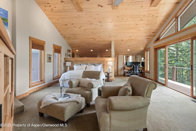 554 Sinclair Rd, Snowmass Village, CO 81615 - carpeted bedroom featuring wood ceiling, access to exterior, an office area, high vaulted ceiling, and recessed lighting