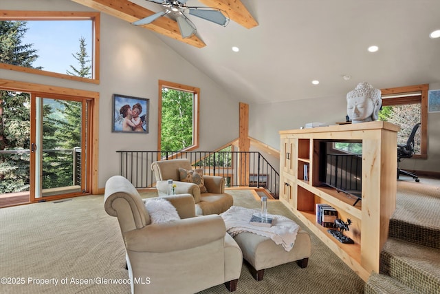554 Sinclair Rd, Snowmass Village, CO 81615 - carpeted living room with a ceiling fan, recessed lighting, plenty of natural light, and high vaulted ceiling