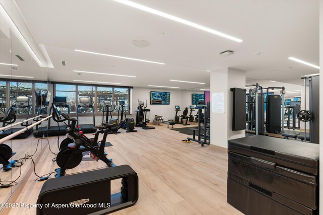 exercise room with light hardwood / wood-style flooring