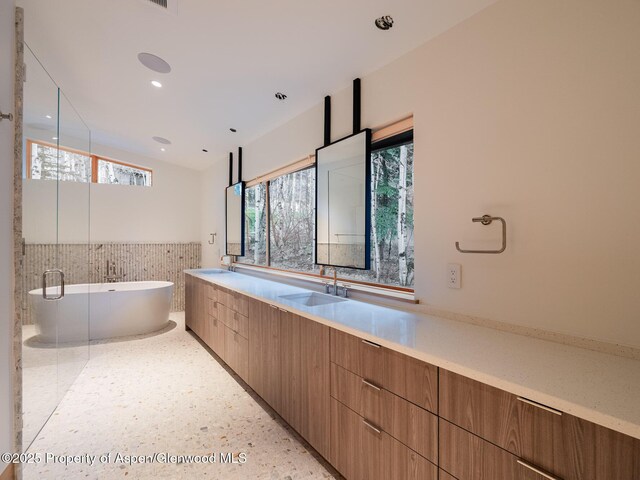 bathroom featuring double vanity, a freestanding tub, tile walls, wainscoting, and a sink