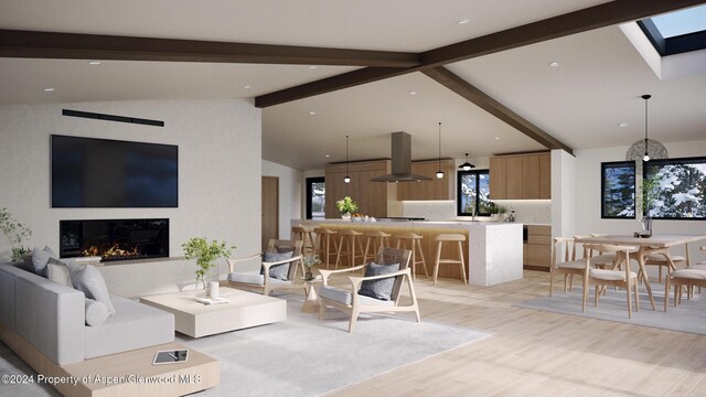 living room with vaulted ceiling with beams and light hardwood / wood-style floors