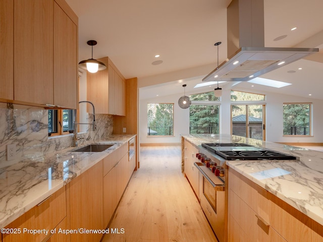 kitchen with a sink, stainless steel stove, light brown cabinets, island range hood, and modern cabinets