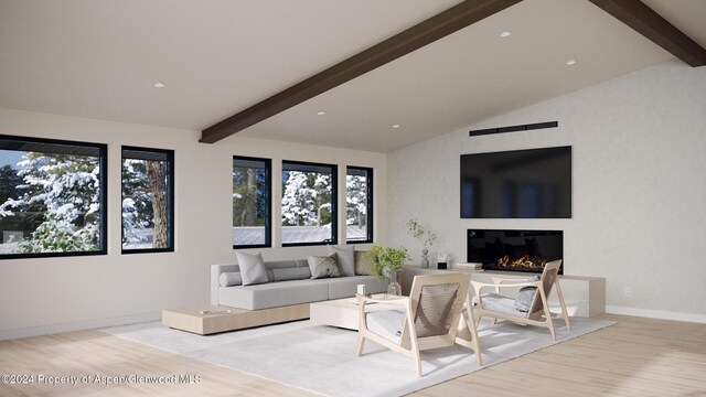 living room with vaulted ceiling with beams and light hardwood / wood-style floors