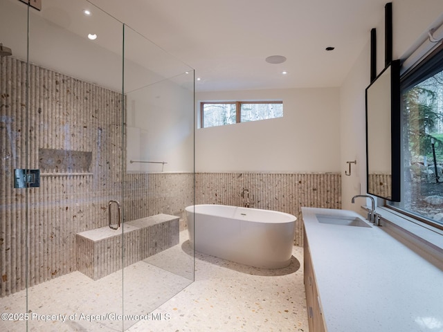 full bathroom featuring a freestanding bath, tile walls, a stall shower, vanity, and a wainscoted wall