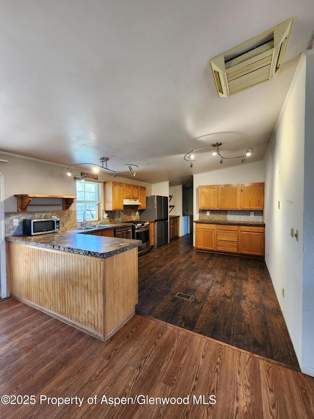 449 County Road 223, Rifle, CO 81650 - kitchen featuring stainless steel appliances, a peninsula, dark wood-type flooring, and decorative backsplash