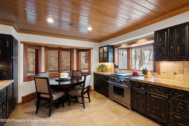 kitchen with wooden ceiling, stainless steel stove, ornamental molding, light stone countertops, and tasteful backsplash