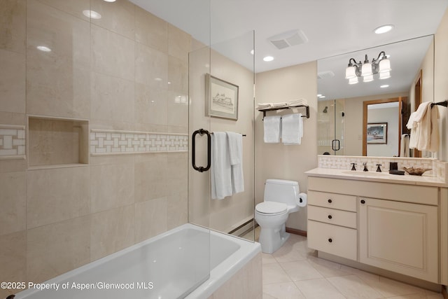 bathroom with a relaxing tiled tub, visible vents, tiled shower, toilet, and tile patterned floors