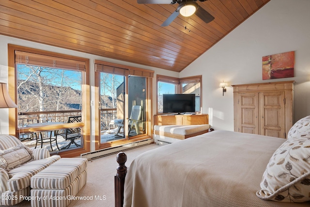 carpeted bedroom featuring a ceiling fan, wood ceiling, access to outside, vaulted ceiling, and a baseboard heating unit