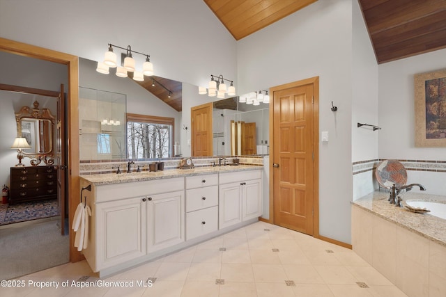 full bathroom with lofted ceiling, wood ceiling, and a sink