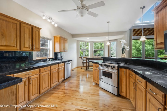 383 Faas Ranch Rd, New Castle, CO 81647 - kitchen featuring stainless steel appliances, pendant lighting, backsplash, and plenty of natural light
