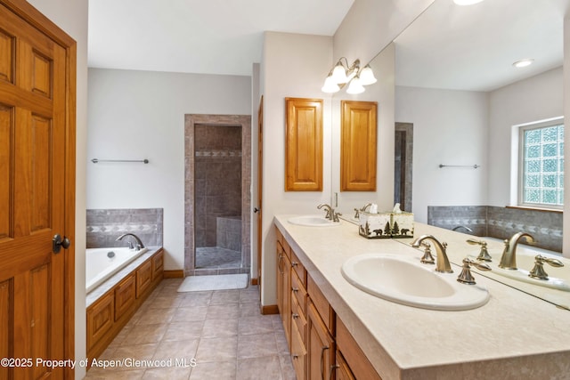 383 Faas Ranch Rd, New Castle, CO 81647 - full bathroom with a garden tub, double vanity, a stall shower, and tile patterned floors