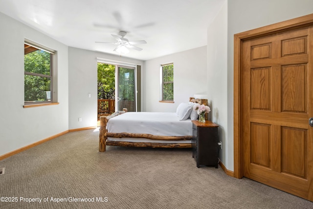 383 Faas Ranch Rd, New Castle, CO 81647 - bedroom with access to exterior, light colored carpet, and a ceiling fan