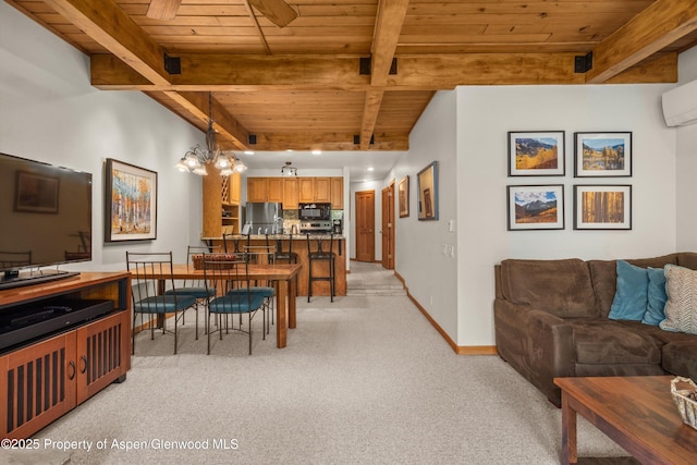 610 S W End St Unit J204, Aspen, CO 81611 - dining area with wooden ceiling with exposed beams, light colored carpet, baseboards, and an AC wall unit