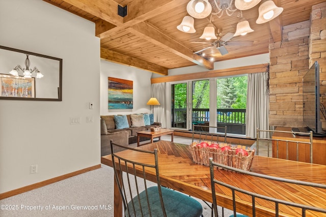 610 S W End St Unit J204, Aspen, CO 81611 - dining space featuring wooden ceiling with exposed beams, carpet flooring, baseboards, ceiling fan, and a chandelier