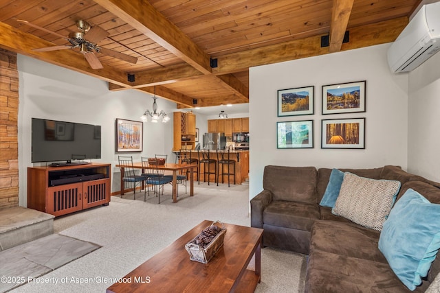 610 S W End St Unit J204, Aspen, CO 81611 - living area with an AC wall unit, wooden ceiling with exposed beams, carpet floors, ceiling fan, and a chandelier