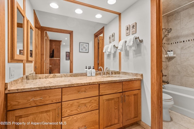 610 S W End St Unit J204, Aspen, CO 81611 - full bathroom featuring double vanity, toilet, recessed lighting, bathing tub / shower combination, and tile patterned floors