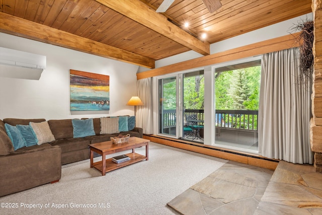 610 S W End St Unit J204, Aspen, CO 81611 - living area with wooden ceiling with exposed beams, an AC wall unit, and carpet