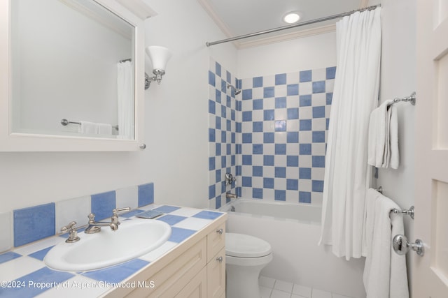 full bathroom featuring shower / bath combo, vanity, toilet, and ornamental molding