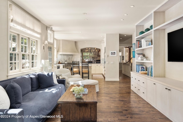 living room with dark hardwood / wood-style floors