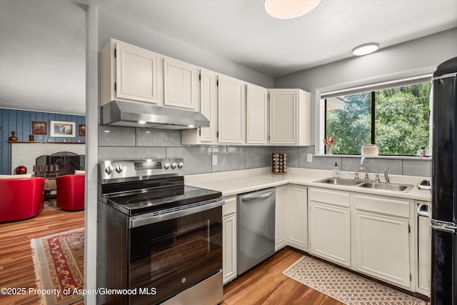 131 Aspen St, Redstone, CO 81623 - kitchen featuring appliances with stainless steel finishes, under cabinet range hood, light wood-type flooring, and light countertops