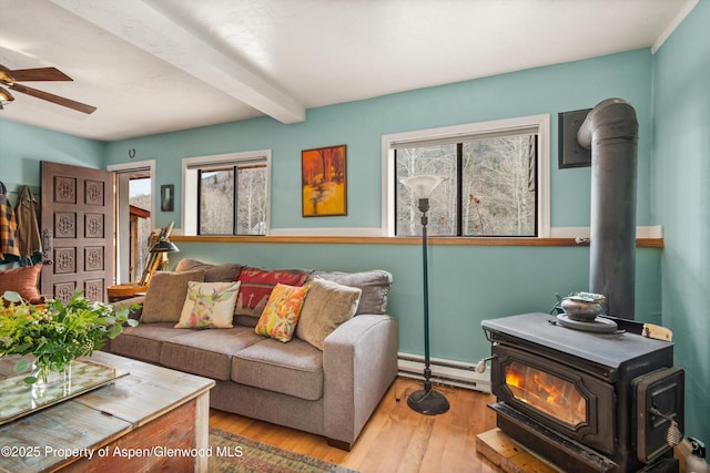 131 Aspen St, Redstone, CO 81623 - living area featuring a wood stove, a baseboard heating unit, a ceiling fan, beamed ceiling, and healthy amount of natural light