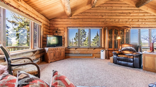 31 Ridge Dr, Craig, CO 81625 - carpeted living room featuring baseboard heating, log walls, wood ceiling, plenty of natural light, and a baseboard radiator