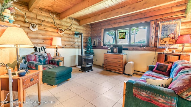 31 Ridge Dr, Craig, CO 81625 - living room with log walls, a wood stove, wooden ceiling with exposed beams, tile patterned floors, and a baseboard heating unit