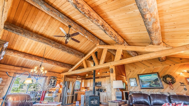 31 Ridge Dr, Craig, CO 81625 - living area with wooden ceiling, healthy amount of natural light, a chandelier, a wood stove, and ceiling fan
