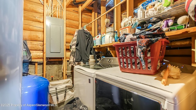 31 Ridge Dr, Craig, CO 81625 - laundry room featuring electric panel, washing machine and dryer, and rustic walls