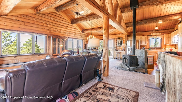 31 Ridge Dr, Craig, CO 81625 - carpeted living area with wood ceiling, a wood stove, ceiling fan, and a sink