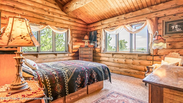 31 Ridge Dr, Craig, CO 81625 - bedroom featuring rustic walls, wooden ceiling, multiple windows, and carpet floors