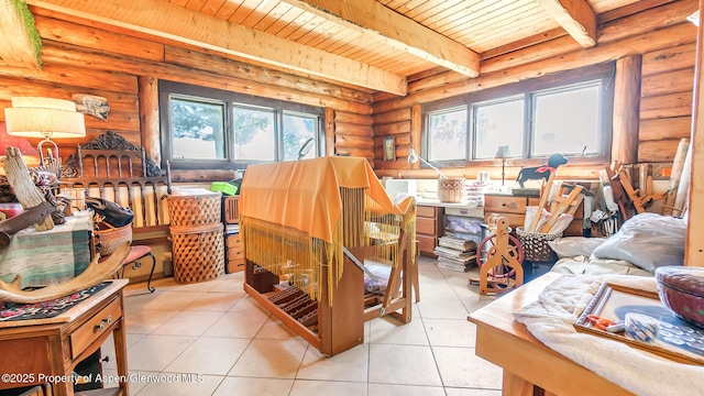31 Ridge Dr, Craig, CO 81625 - misc room with log walls, wooden ceiling with exposed beams, and light tile patterned flooring