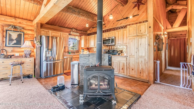 31 Ridge Dr, Craig, CO 81625 - living room with a wood stove, wood ceiling, light colored carpet, and light tile patterned floors