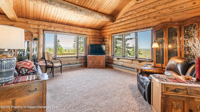 31 Ridge Dr, Craig, CO 81625 - carpeted living area with a baseboard radiator, wood ceiling, and log walls